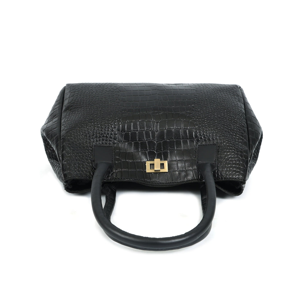 Structured Croc-Textured Black Handbag with Top Handles