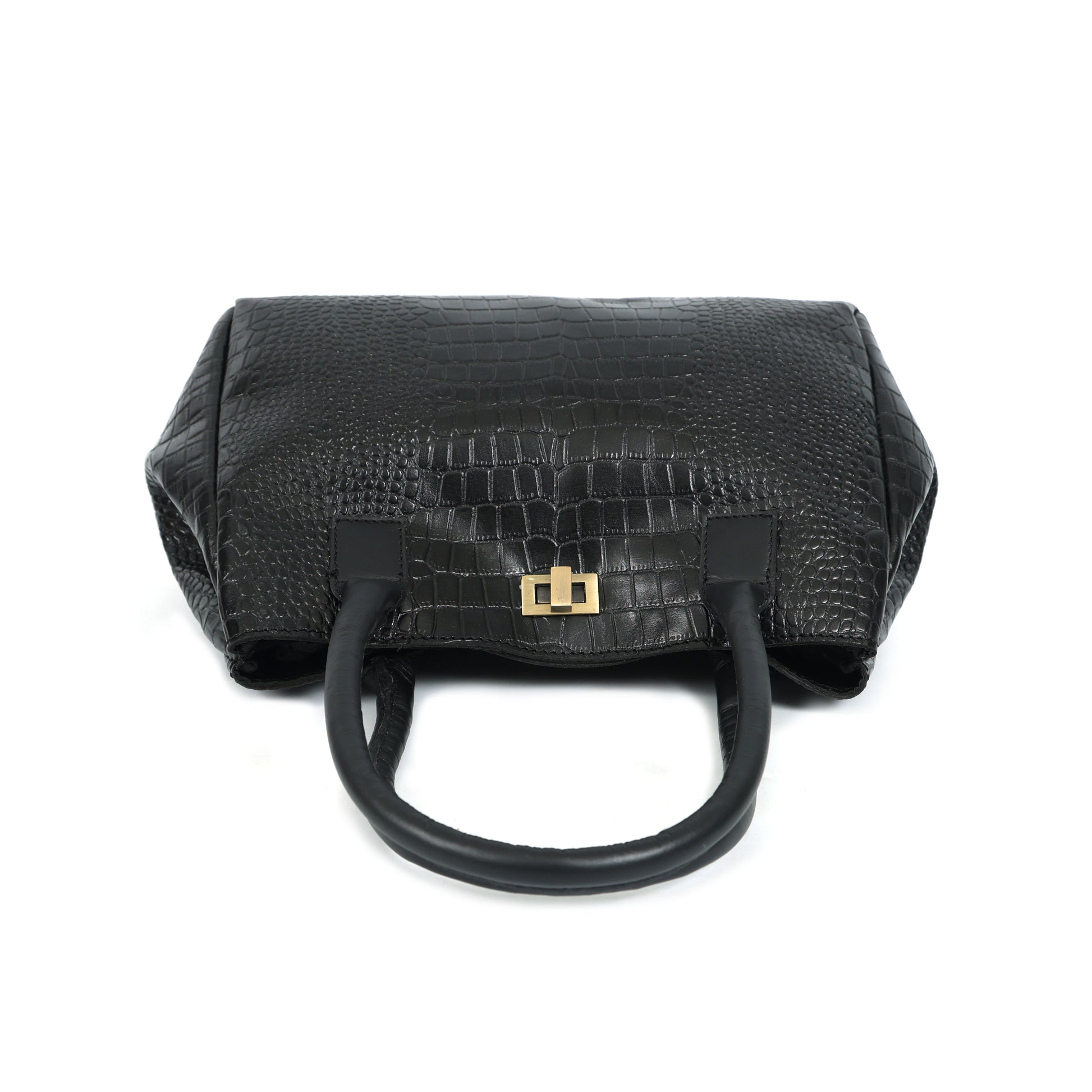 Structured Croc-Textured Black Handbag with Top Handles