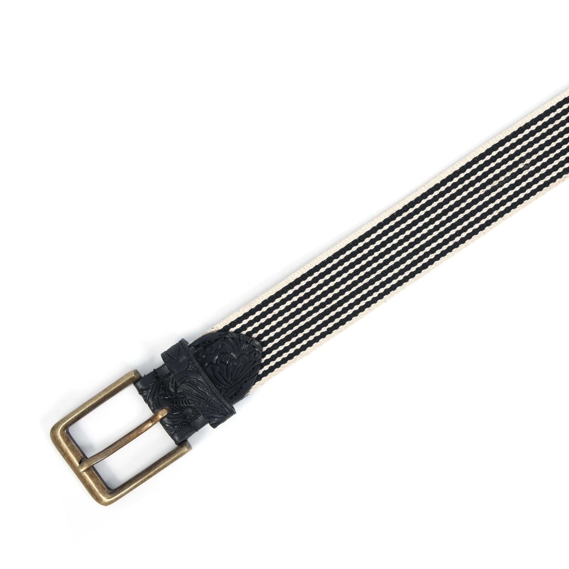Unisex Genuine Leather Floral Embossed Canvas Black White Waist Accessory Brass Buckle
