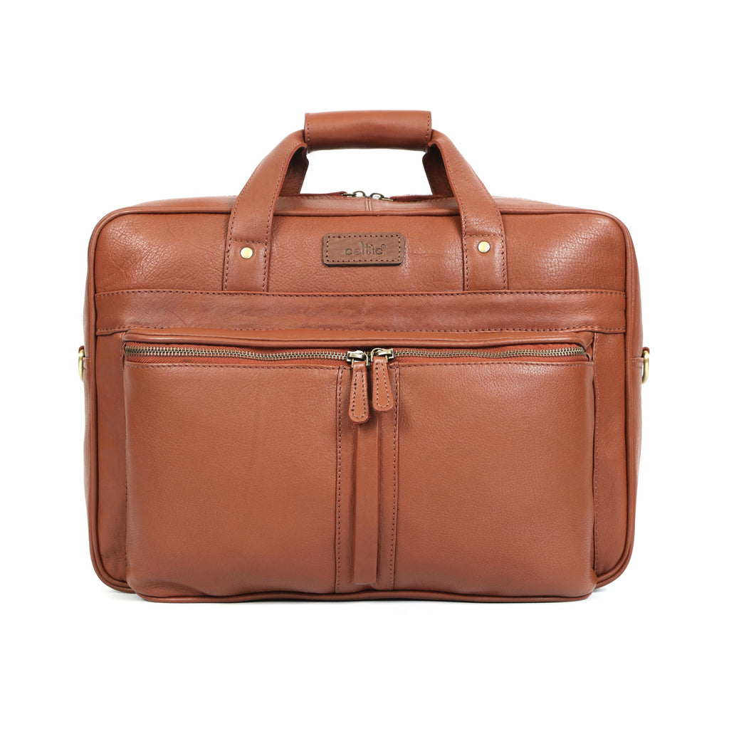 Premium Genuine Leather Office Laptop Bag with Multiple Zip Pockets & Detachable Strap