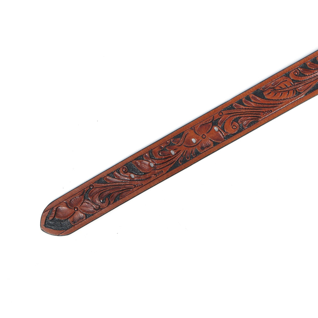 Unisex Genuine Leather Brown Floral Tooled Western Waistbelt Matte Black Buckle