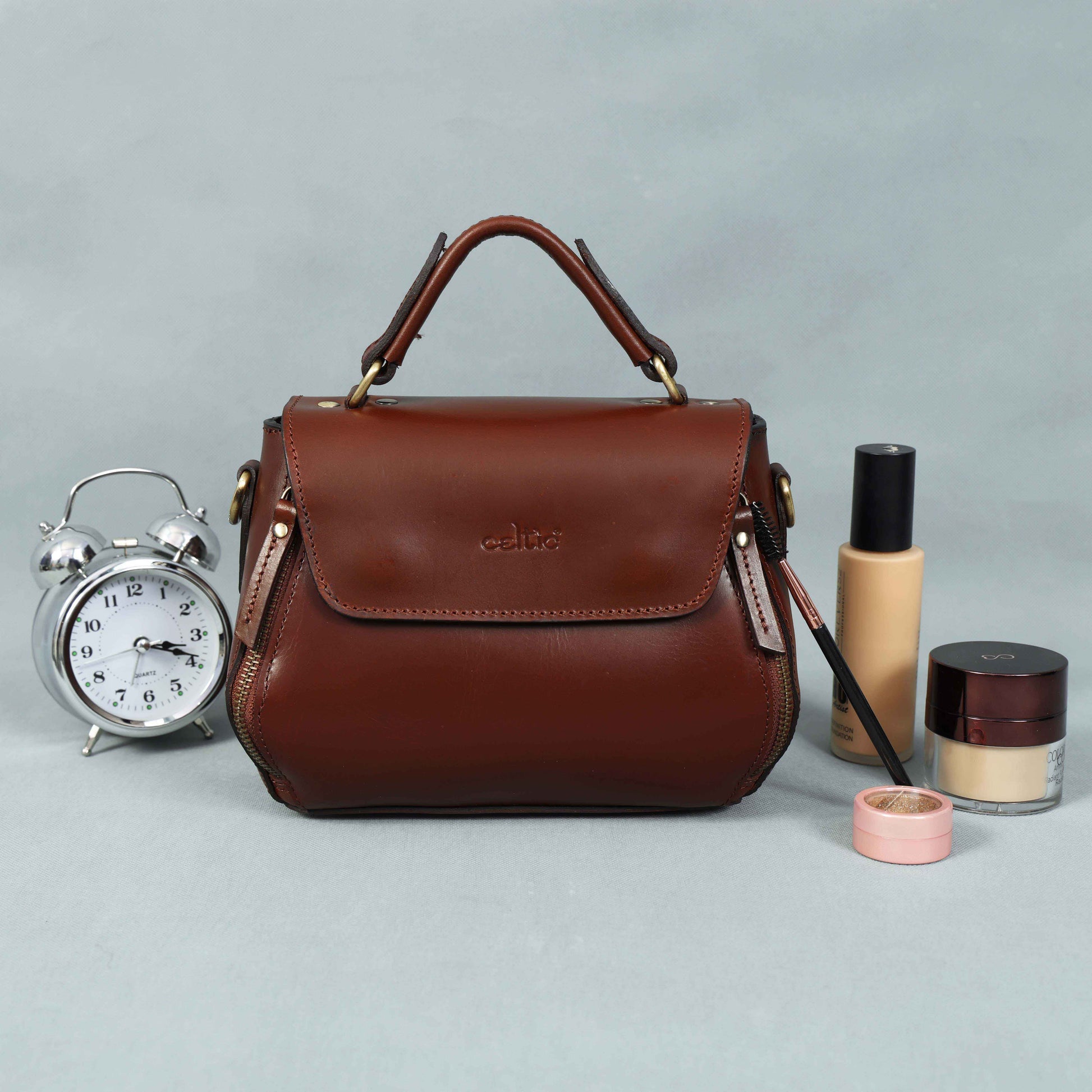 Premium Genuine Leather Top-Handle Handbag with Flap Closure & Zip Compartments