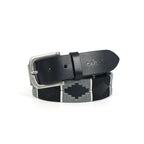 Unisex Handcrafted Black Leather Belt With Geometric Woven Strap And Antique Metal Buckle