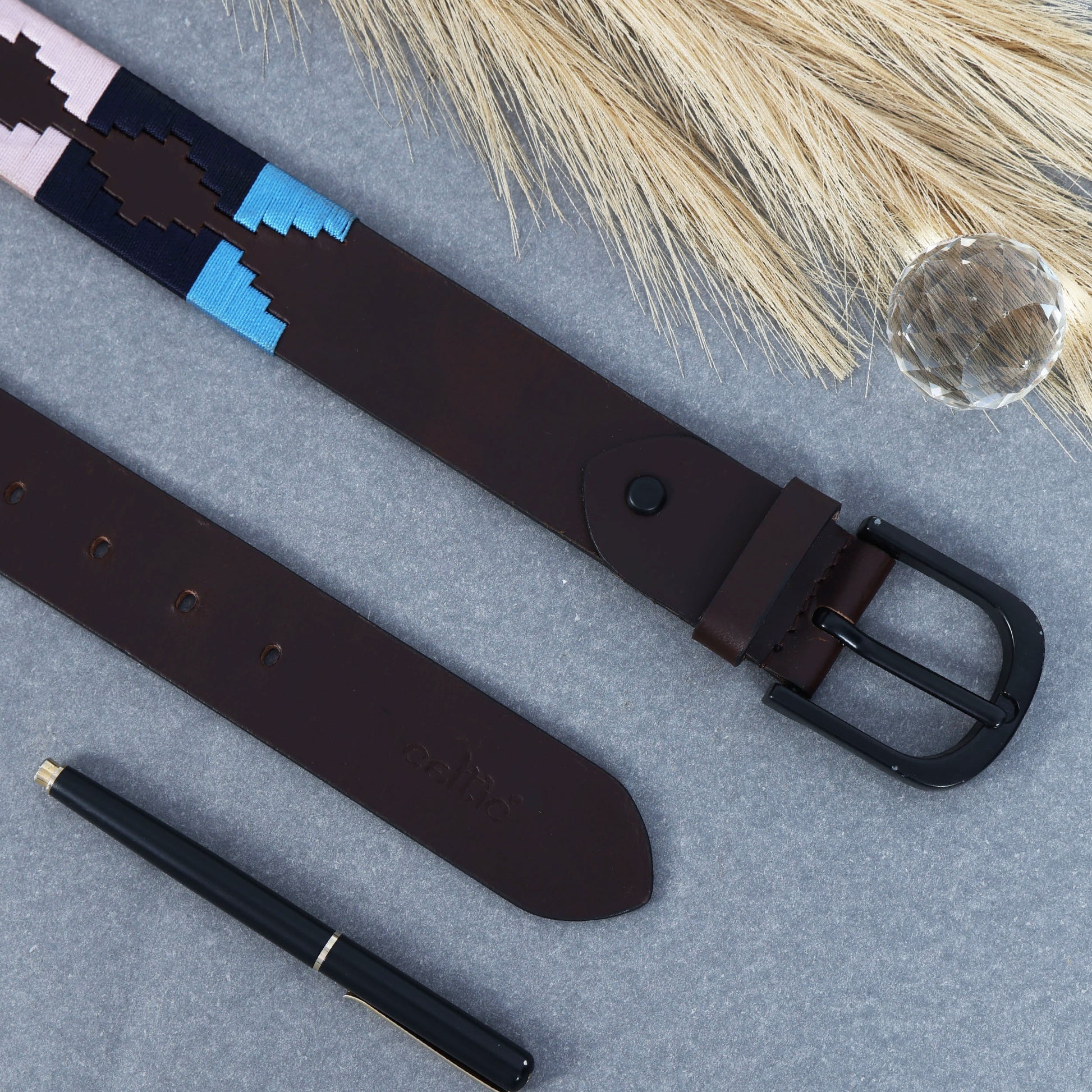 Unisex Handcrafted Ethnic Leather Belt With Geometric Woven Pattern Stylish Casual Wear
