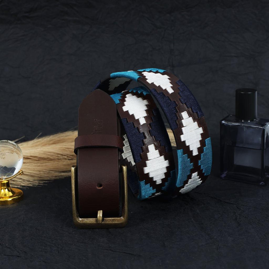 Premium Brown Leather Belt with Golden Buckle & Multi-Color Stitching.