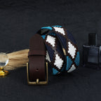 Premium Brown Leather Belt with Golden Buckle & Multi-Color Stitching.