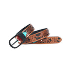 Unisex Genuine Leather Embossed Brown Feather Western Casual Waistbelt Matte Black Buckle