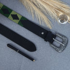 Unisex Handcrafted Leather Belt With Green Geometric Woven Strap Antique Silver Buckle