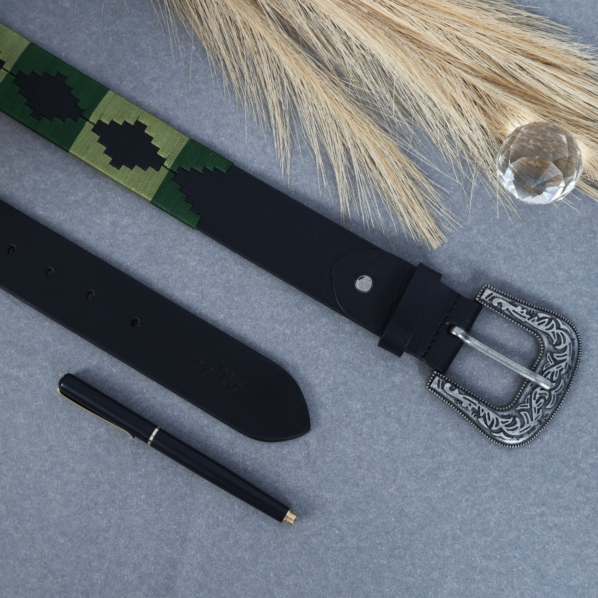 Unisex Handcrafted Leather Belt With Green Geometric Woven Strap Antique Silver Buckle