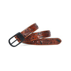 Unisex Genuine Leather Brown Floral Tooled Western Waistbelt Matte Black Buckle