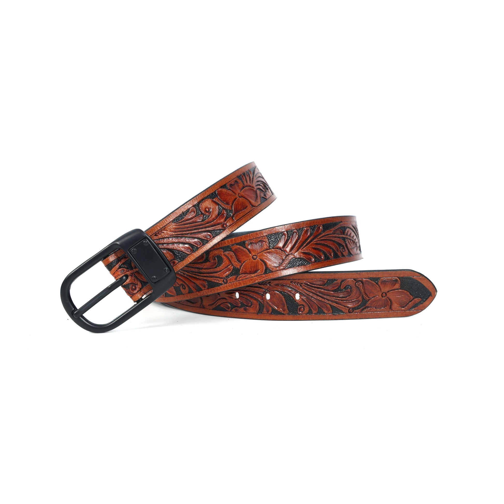 Unisex Genuine Leather Brown Floral Tooled Western Waistbelt Matte Black Buckle