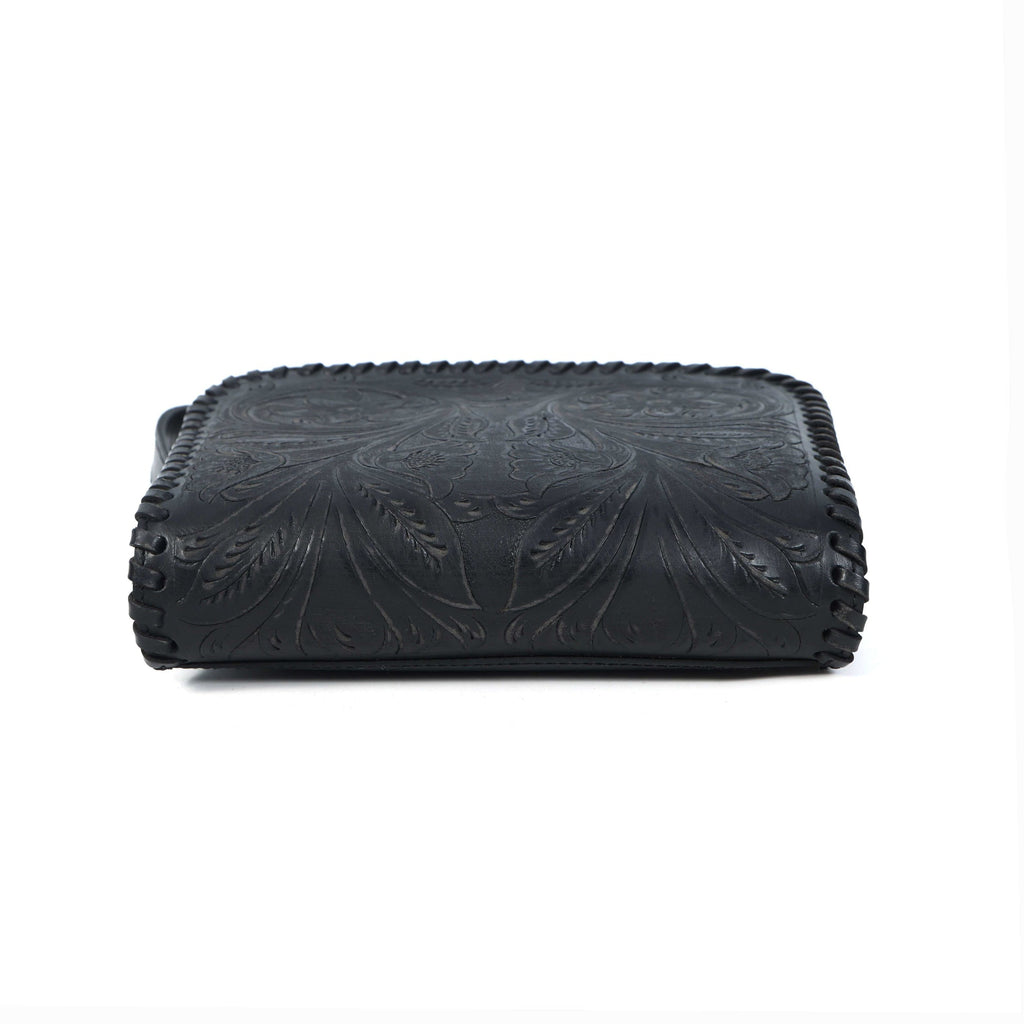 Handcrafted Black Embossed Leather Sling Bag with Magnetic Closure & Adjustable Strap