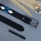 Unisex Handcrafted Leather Belt With Woven Blue White Pattern And Antique Silver Buckle