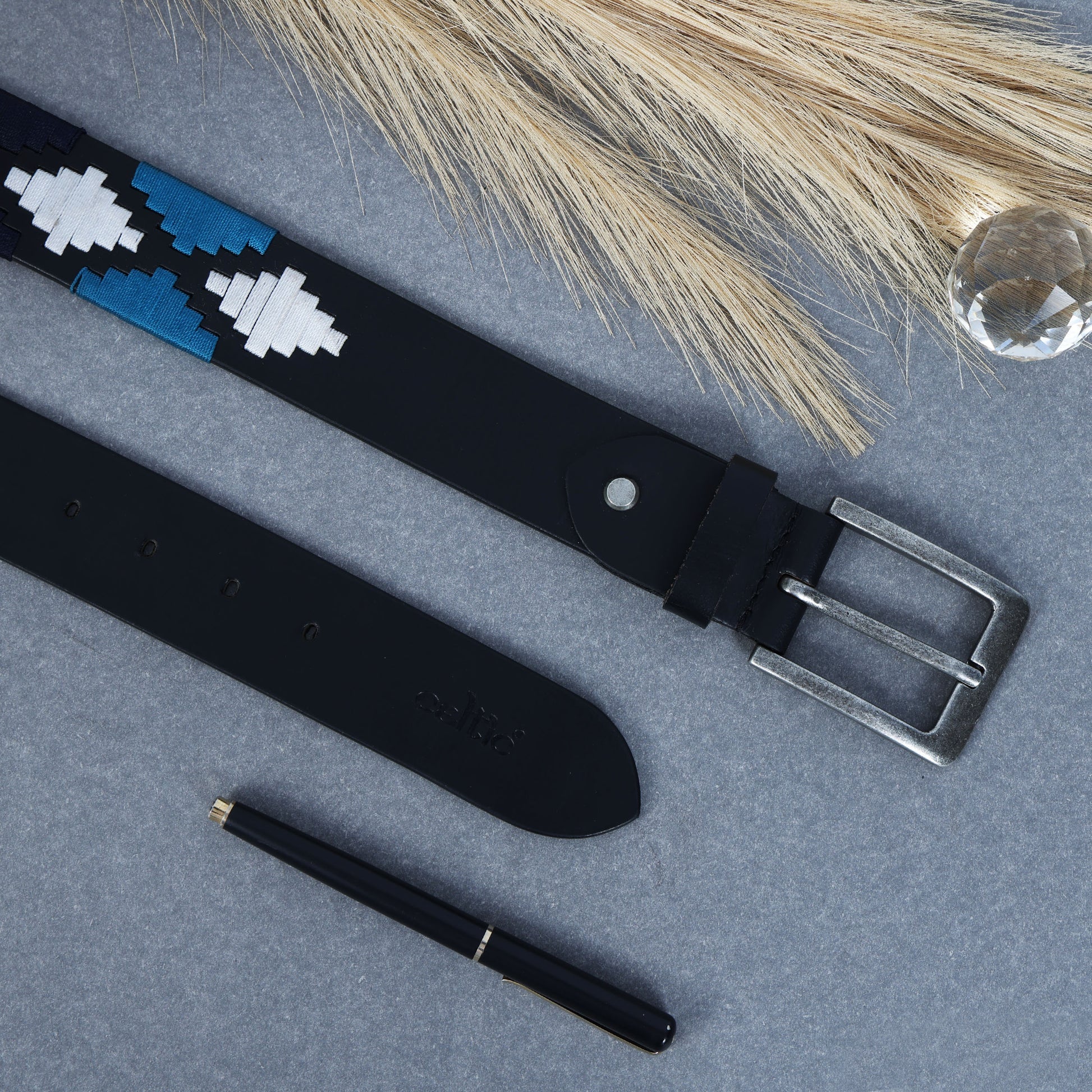 Unisex Handcrafted Leather Belt With Woven Blue White Pattern And Antique Silver Buckle