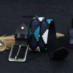 Unisex Handcrafted Leather Belt With Geometric Woven Panel And Vintage Metal Buckle