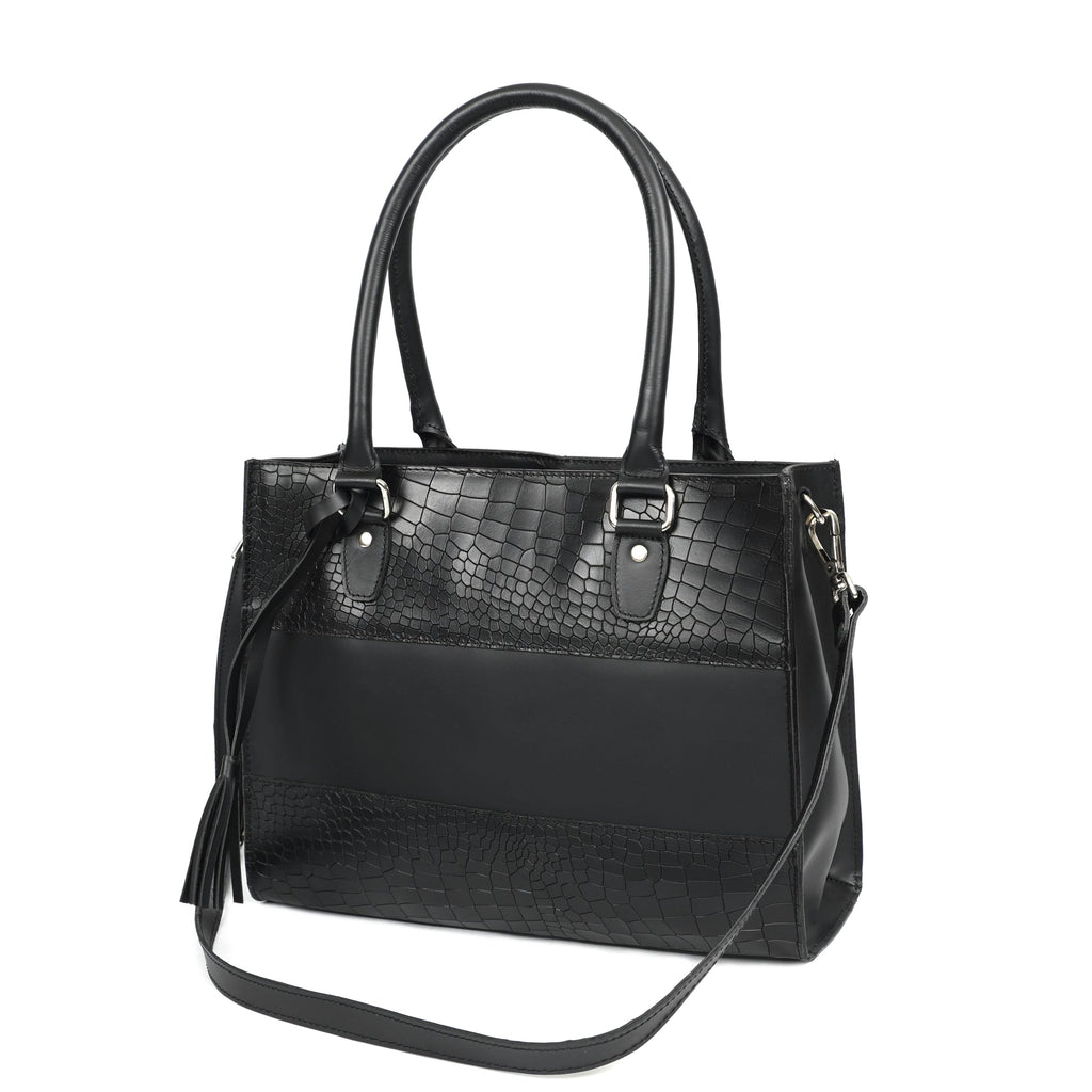 Premium Croc-Embossed Leather Tote with Dual Handles, Zip Closure & Detachable Strap