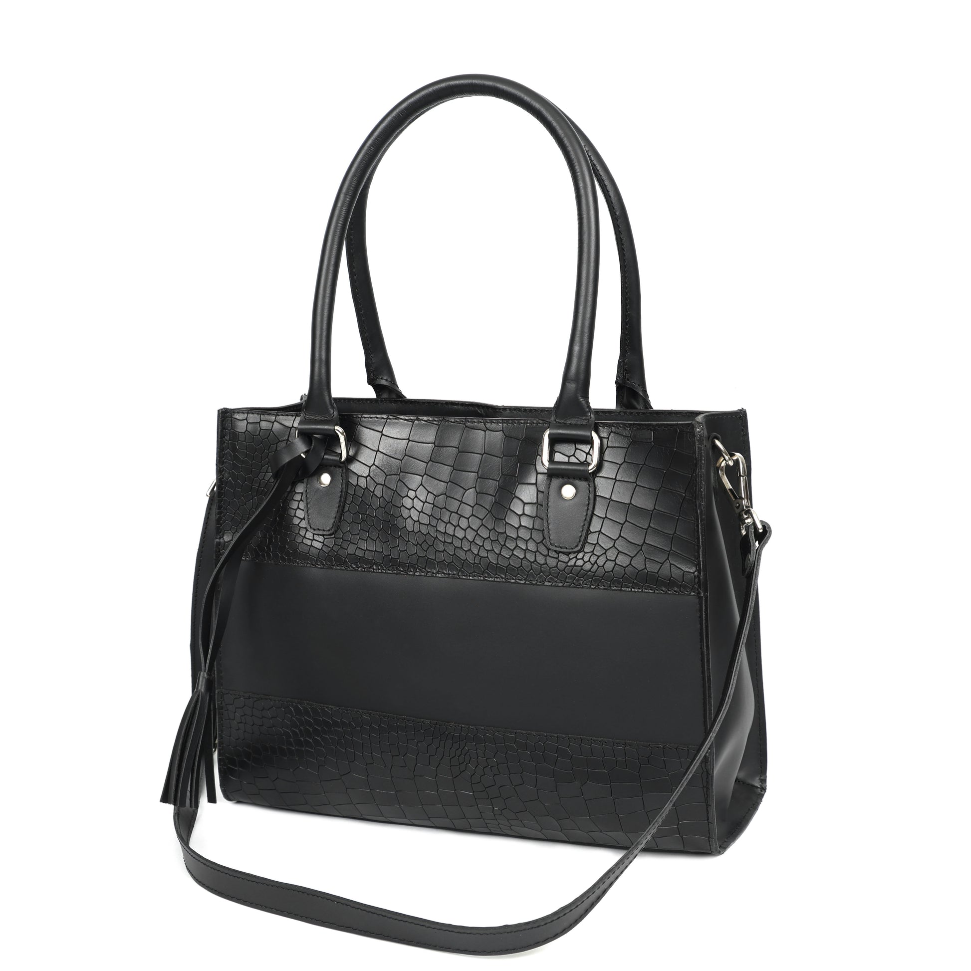 Premium Croc-Embossed Leather Tote with Dual Handles, Zip Closure & Detachable Strap