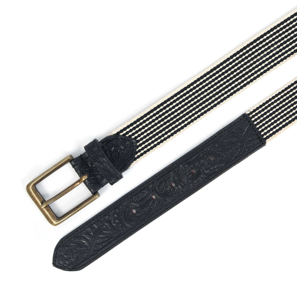 Unisex Genuine Leather Floral Embossed Canvas Black White Waist Accessory Brass Buckle