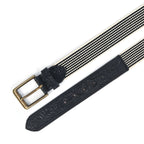 Unisex Genuine Leather Floral Embossed Canvas Black White Waist Accessory Brass Buckle