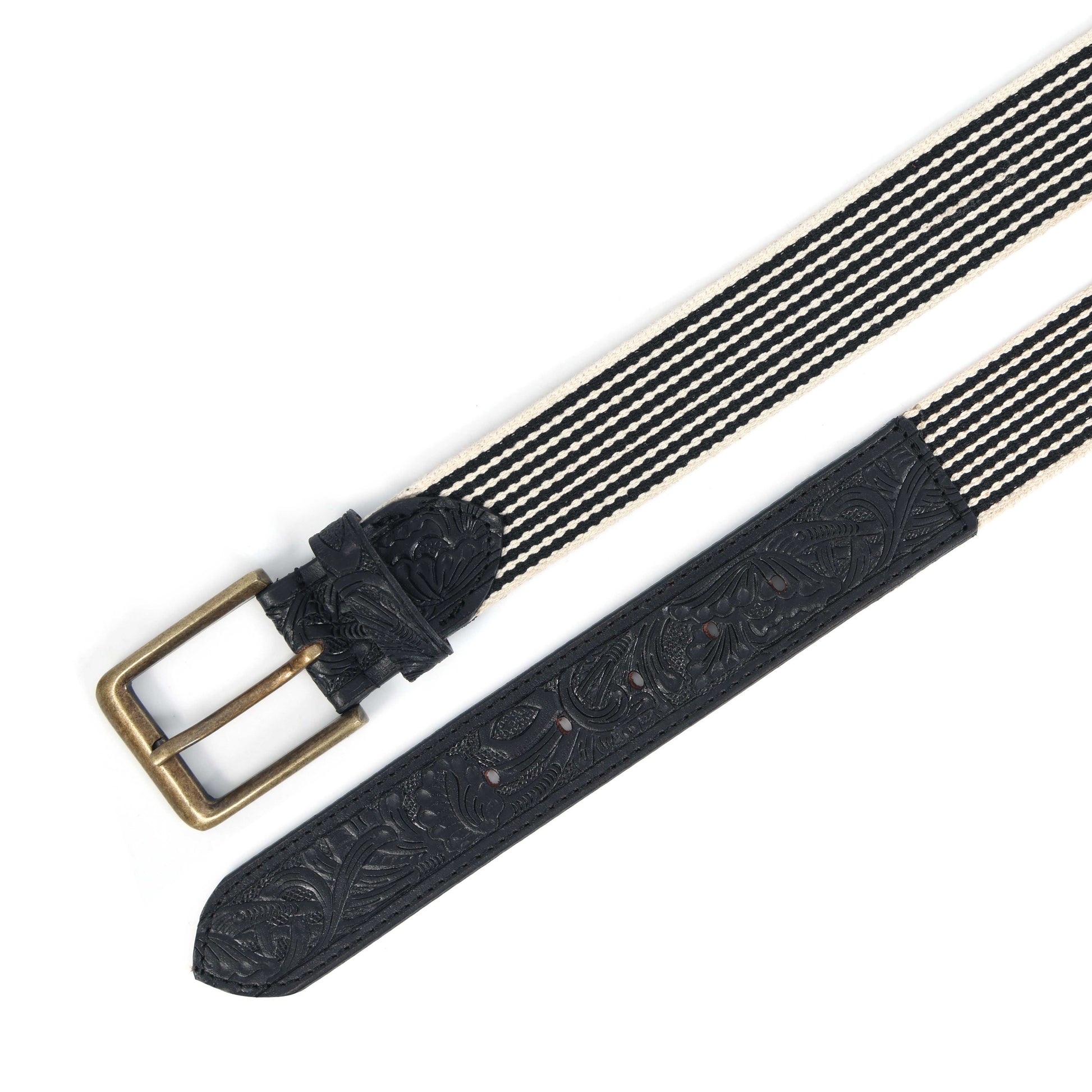 Unisex Genuine Leather Floral Embossed Canvas Black White Waist Accessory Brass Buckle