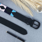Unisex Handcrafted Leather Belt With Geometric Woven Fabric Accent And Vintage Metal Buckle