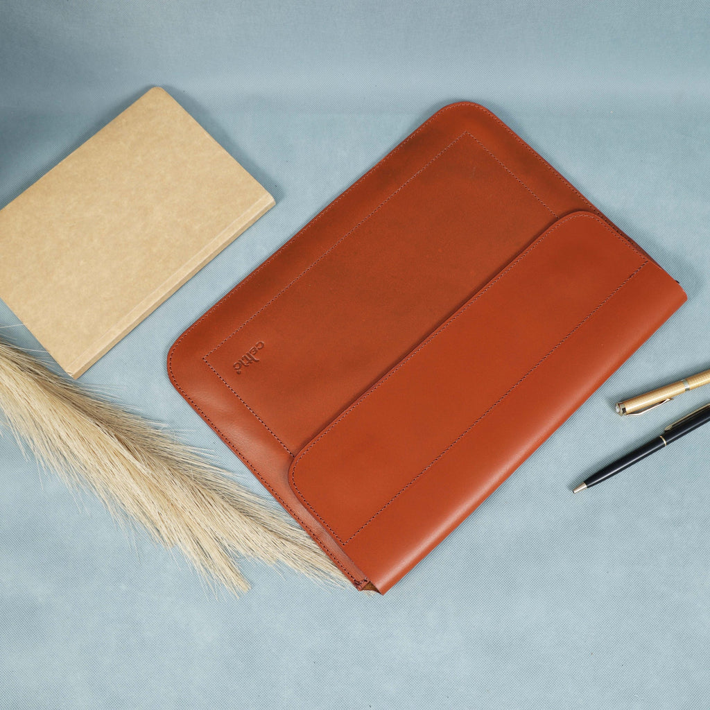 Premium Genuine Leather iPad Sleeve with Magnetic Flap Closure & Soft Suede Lining