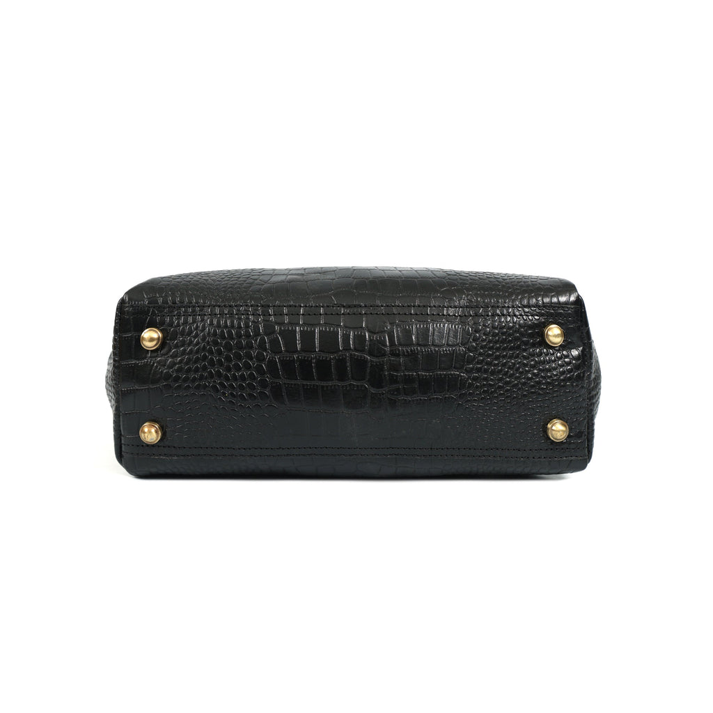 Structured Croc-Textured Black Handbag with Top Handles