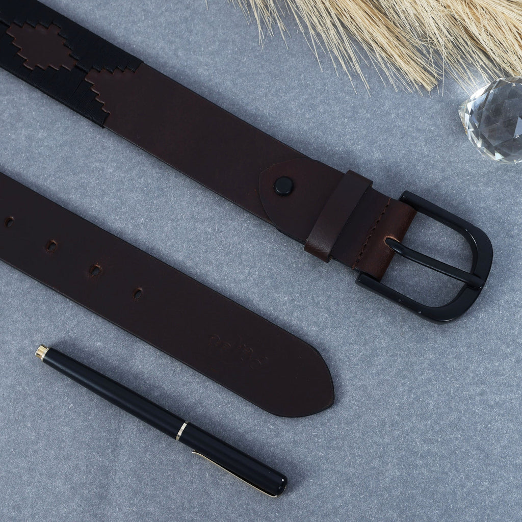 Unisex Handcrafted Leather Fabric Belt With Geometric Pattern Matte Black Buckle.
