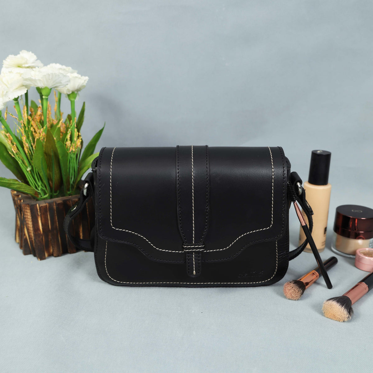 Structured Genuine Leather Crossbody Bag with Front Flap &  White Stitch Detailing