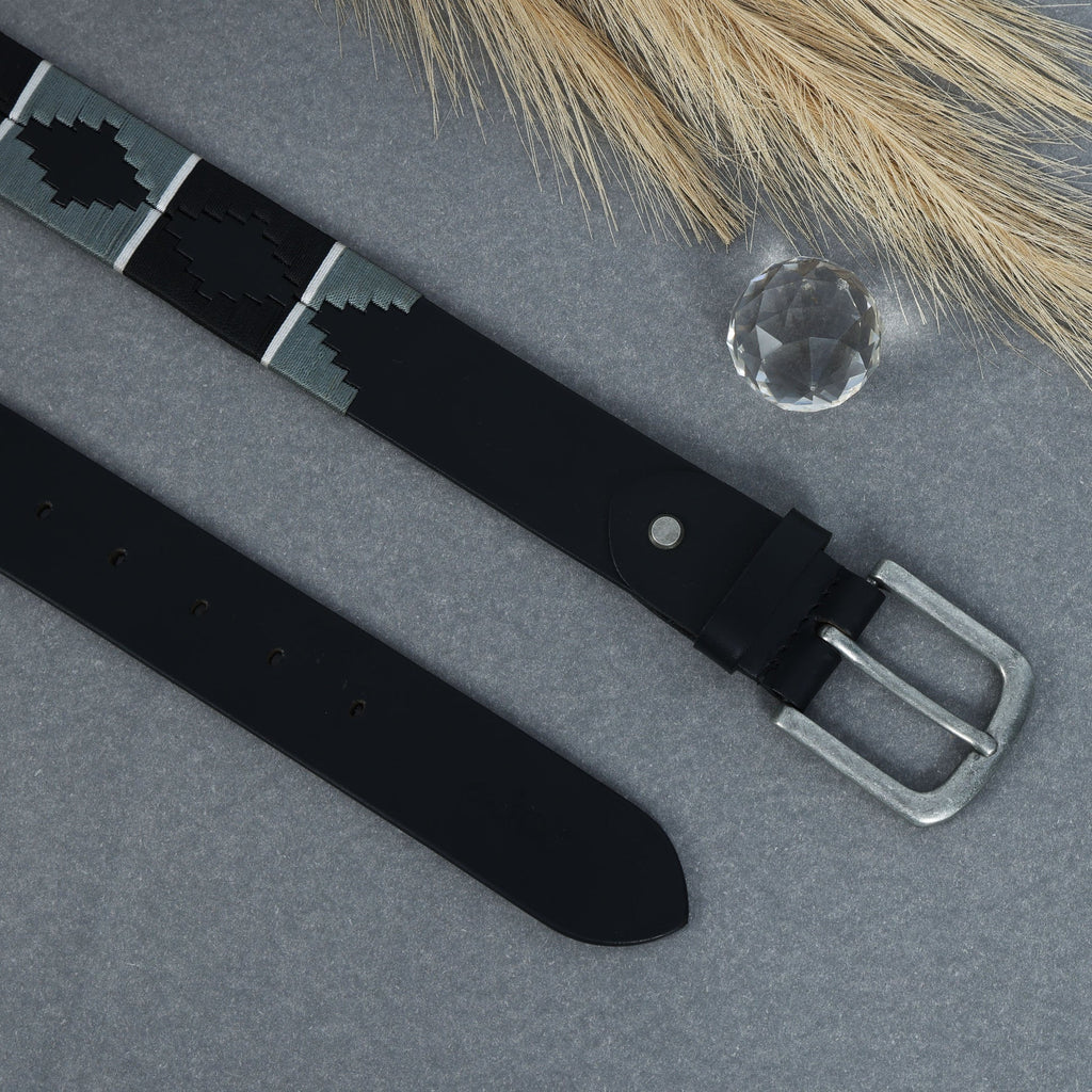 Unisex Handcrafted Black Leather Belt With Geometric Woven Strap And Antique Metal Buckle