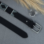 Unisex Handcrafted Black Leather Belt With Geometric Woven Strap And Antique Metal Buckle