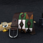 Unisex Handcrafted Genuine Leather Belt With Woven Ethnic Pattern And Matte Metal Buckle