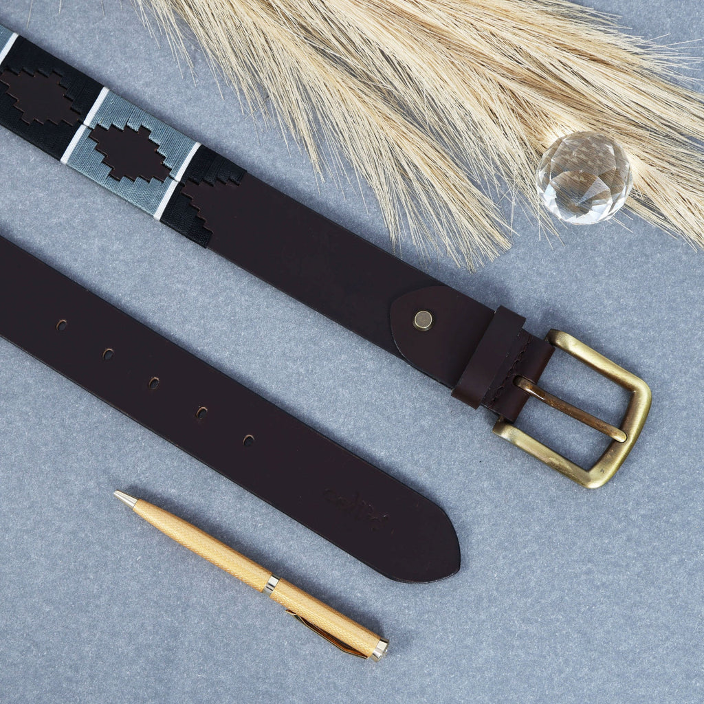 Unisex Handcrafted Brown Leather Belt With Grey Woven Inlay And Vintage Brass Buckle
