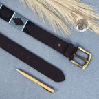 Unisex Handcrafted Brown Leather Belt With Grey Woven Inlay And Vintage Brass Buckle