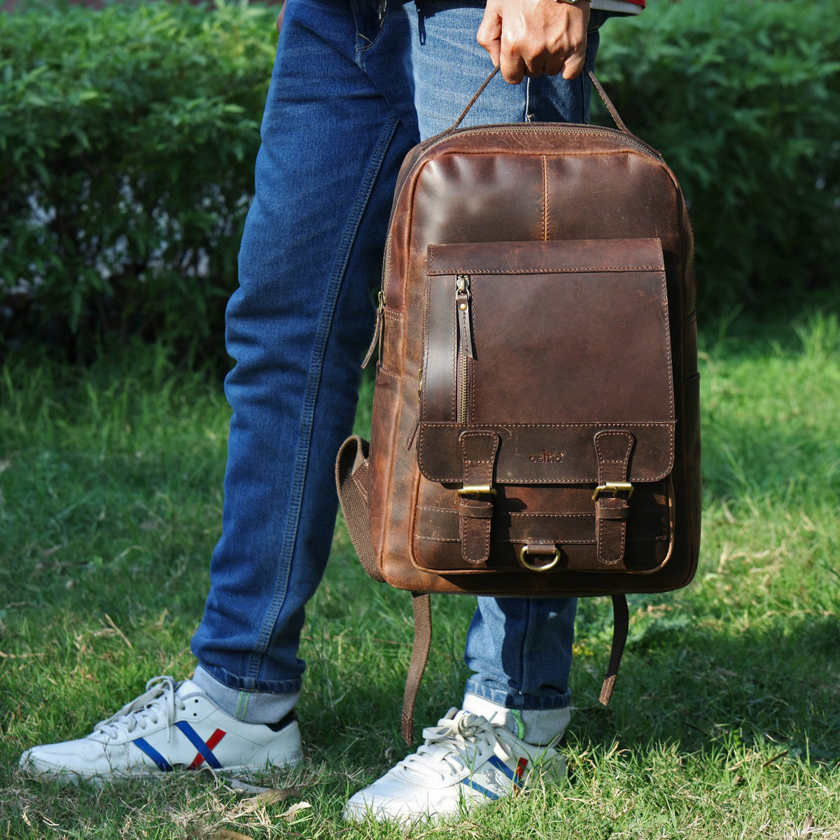 Premium Full-Grain Leather Backpack with Front Zip Pocket & Padded Shoulder Straps