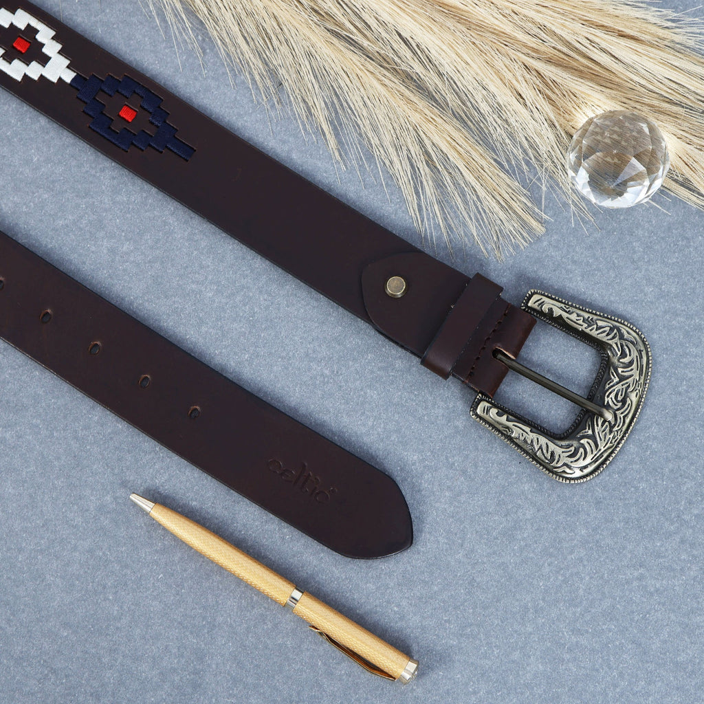 Unisex Handcrafted Ethnic Leather Belt With Geometric Fabric Inlay And Antique Metal Buckle