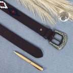 Unisex Handcrafted Ethnic Leather Belt With Geometric Fabric Inlay And Antique Metal Buckle