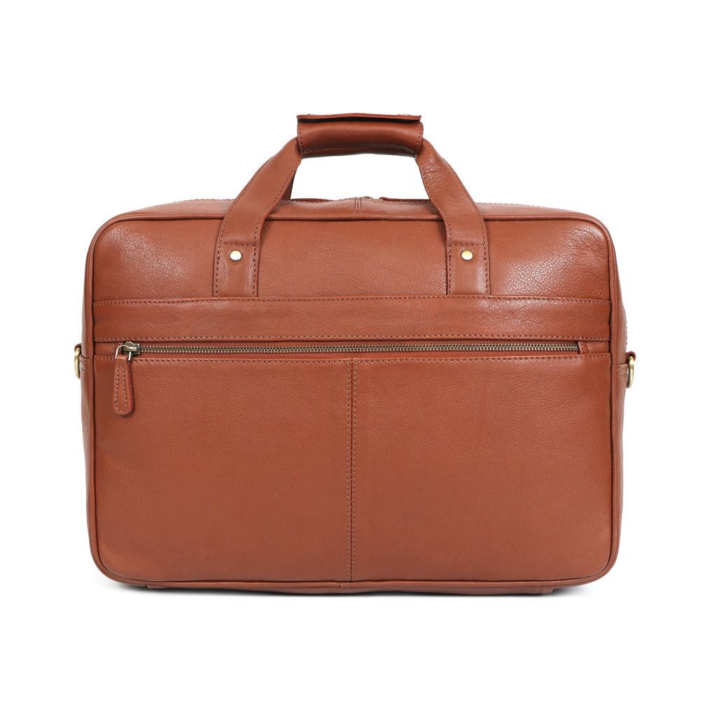 Premium Genuine Leather Office Laptop Bag with Multiple Zip Pockets & Detachable Strap
