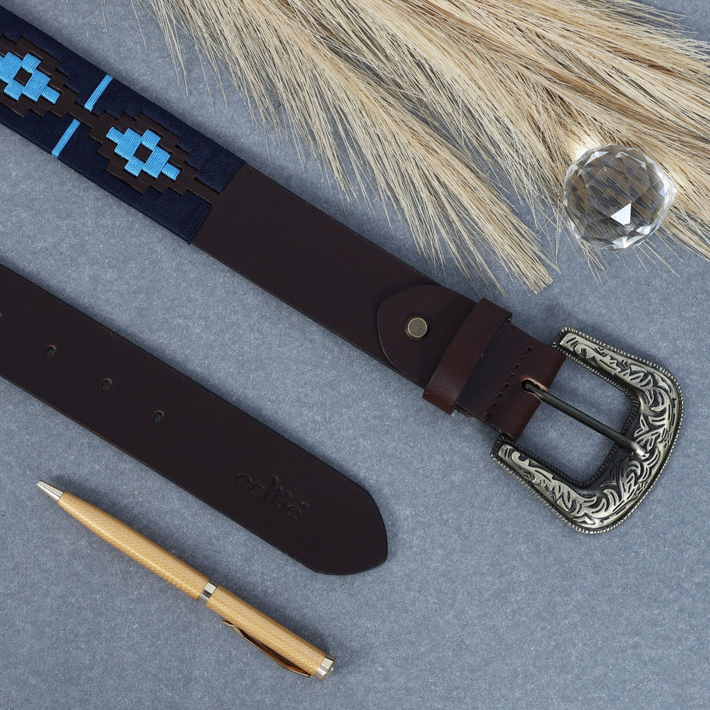 Unisex Handcrafted Leather Belt With Geometric Weave Antique Buckle Casual Wear Accessory.
