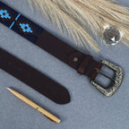 Unisex Handcrafted Leather Belt With Geometric Weave Antique Buckle Casual Wear Accessory.