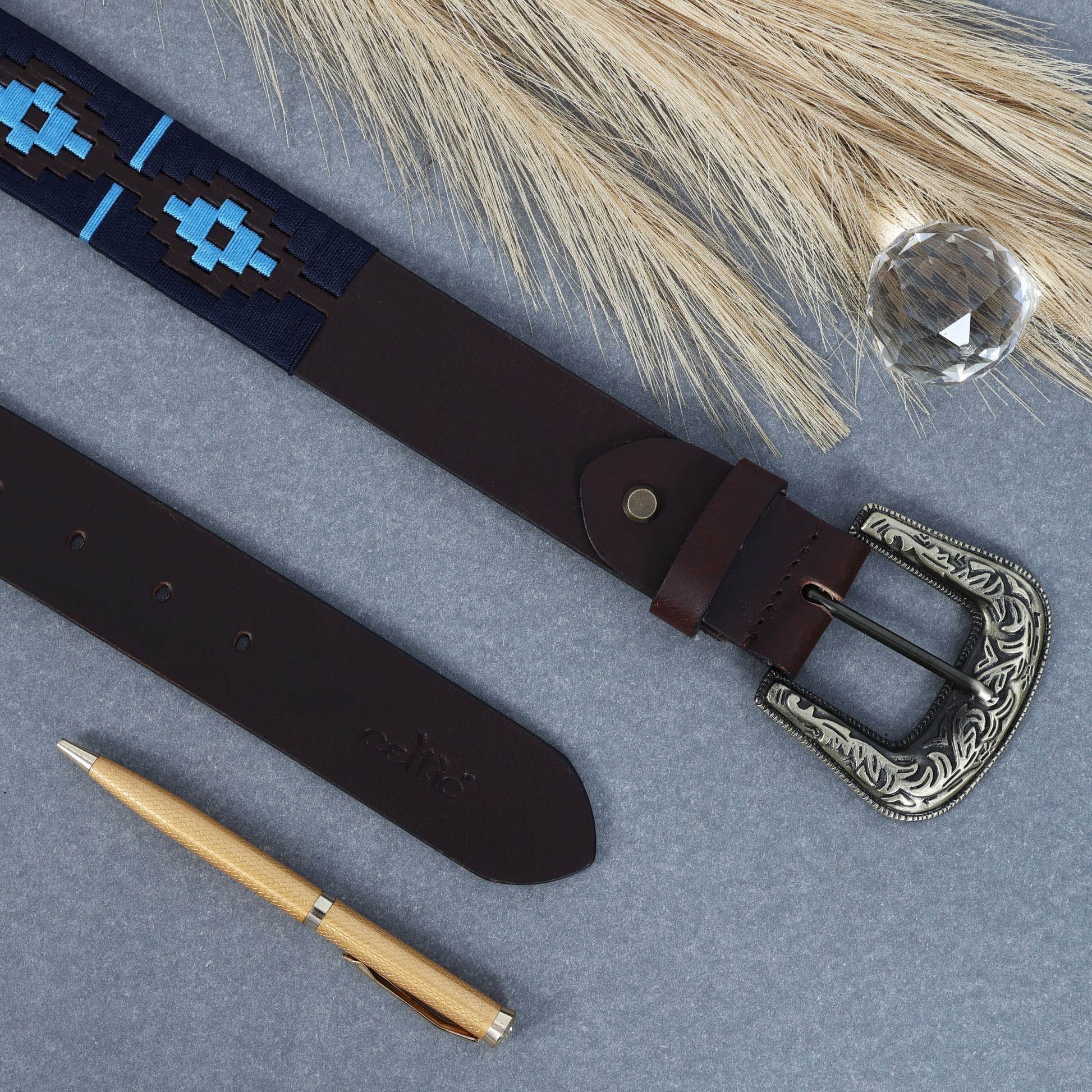 Unisex Handcrafted Leather Belt With Geometric Weave Antique Buckle Casual Wear Accessory.