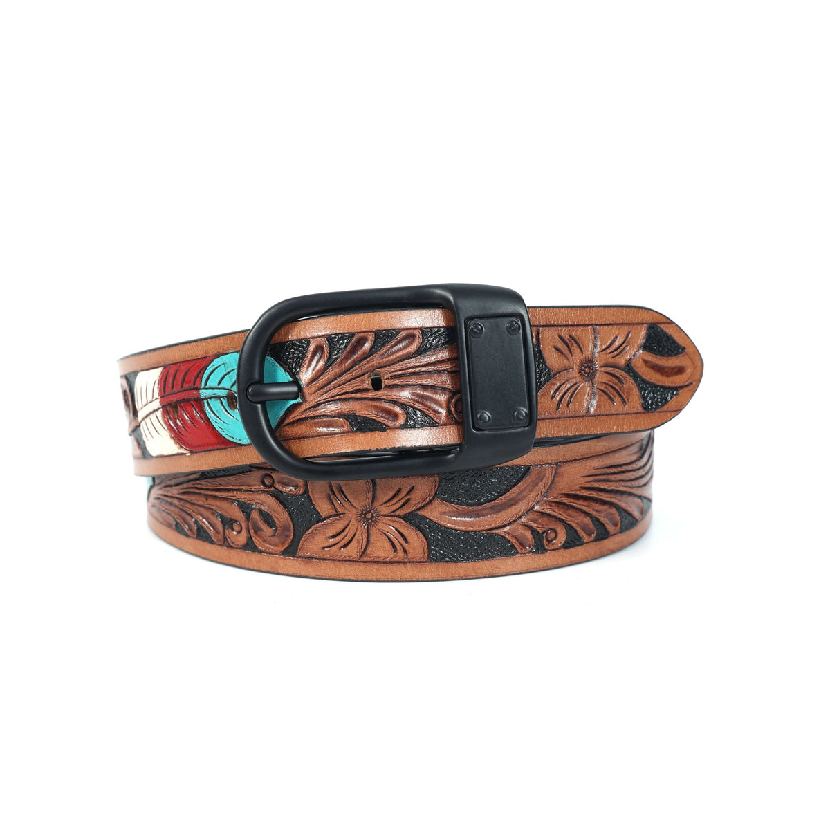 Unisex Genuine Leather Embossed Brown Feather Western Casual Waistbelt Matte Black Buckle
