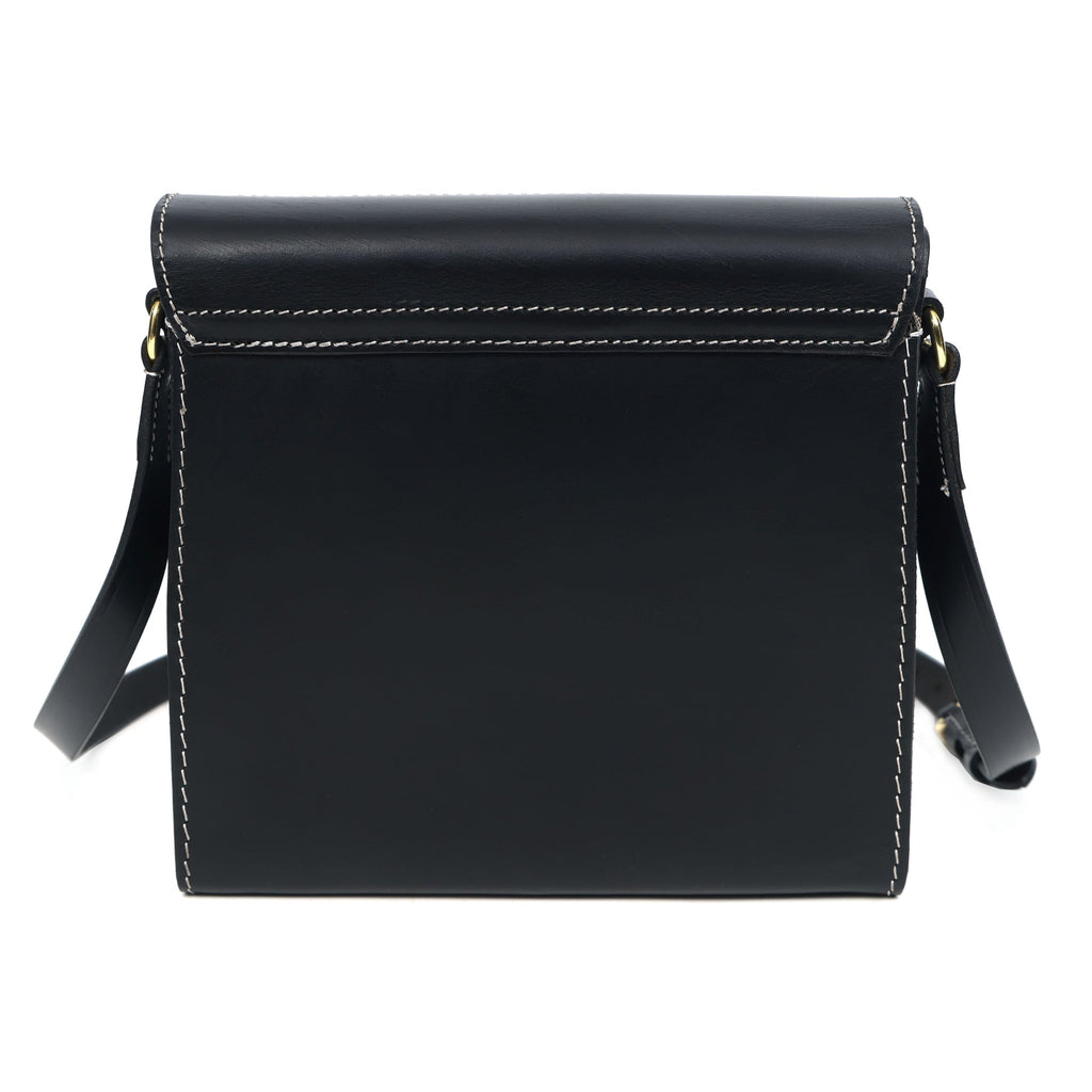 Black Structured Leather Crossbody Bag with Contrast Stitching & Secure Turn-Lock