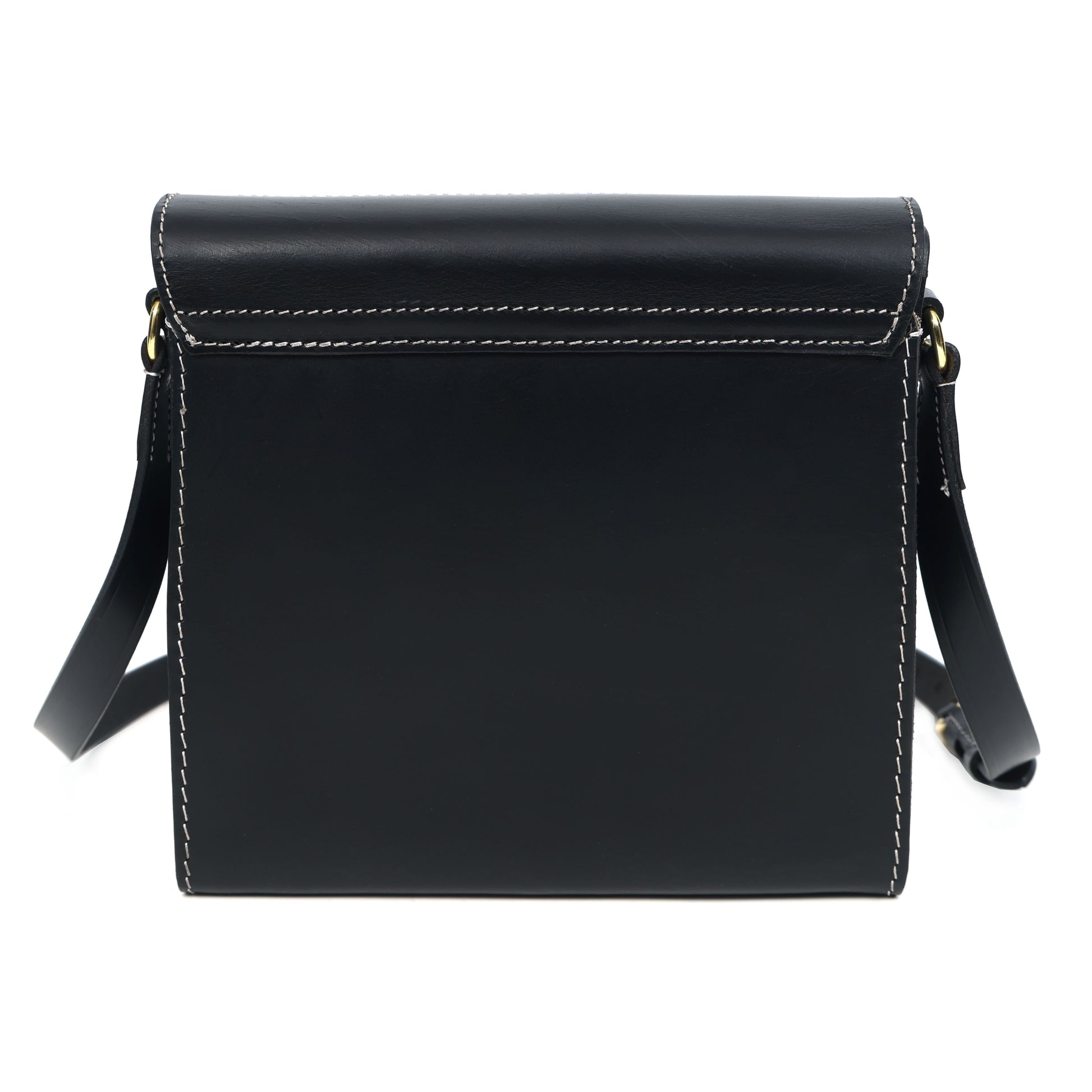 Black Structured Leather Crossbody Bag with Contrast Stitching & Secure Turn-Lock
