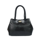 Structured Croc-Textured Black Handbag with Top Handles