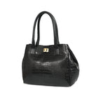 Structured Croc-Textured Black Handbag with Top Handles