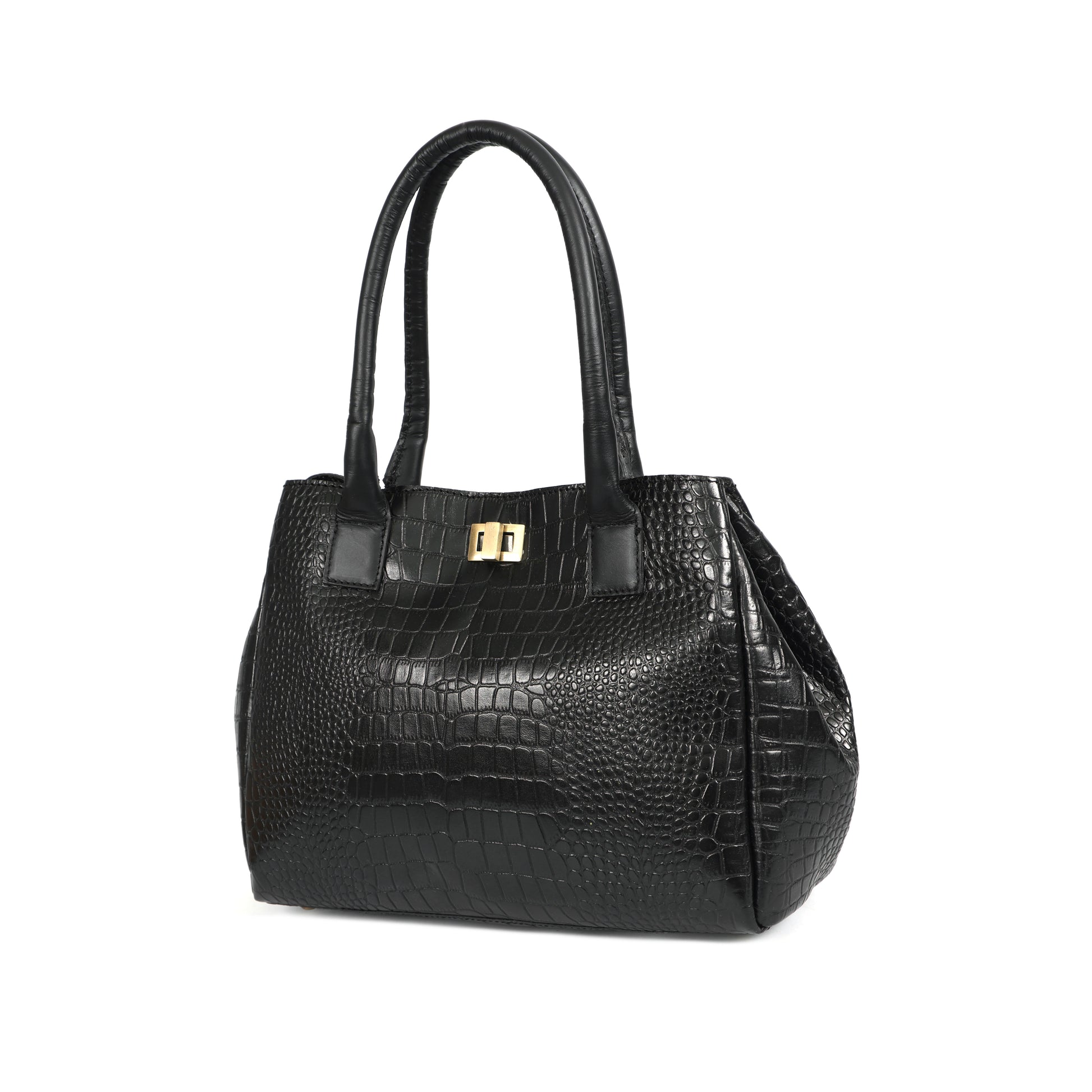 Structured Croc-Textured Black Handbag with Top Handles