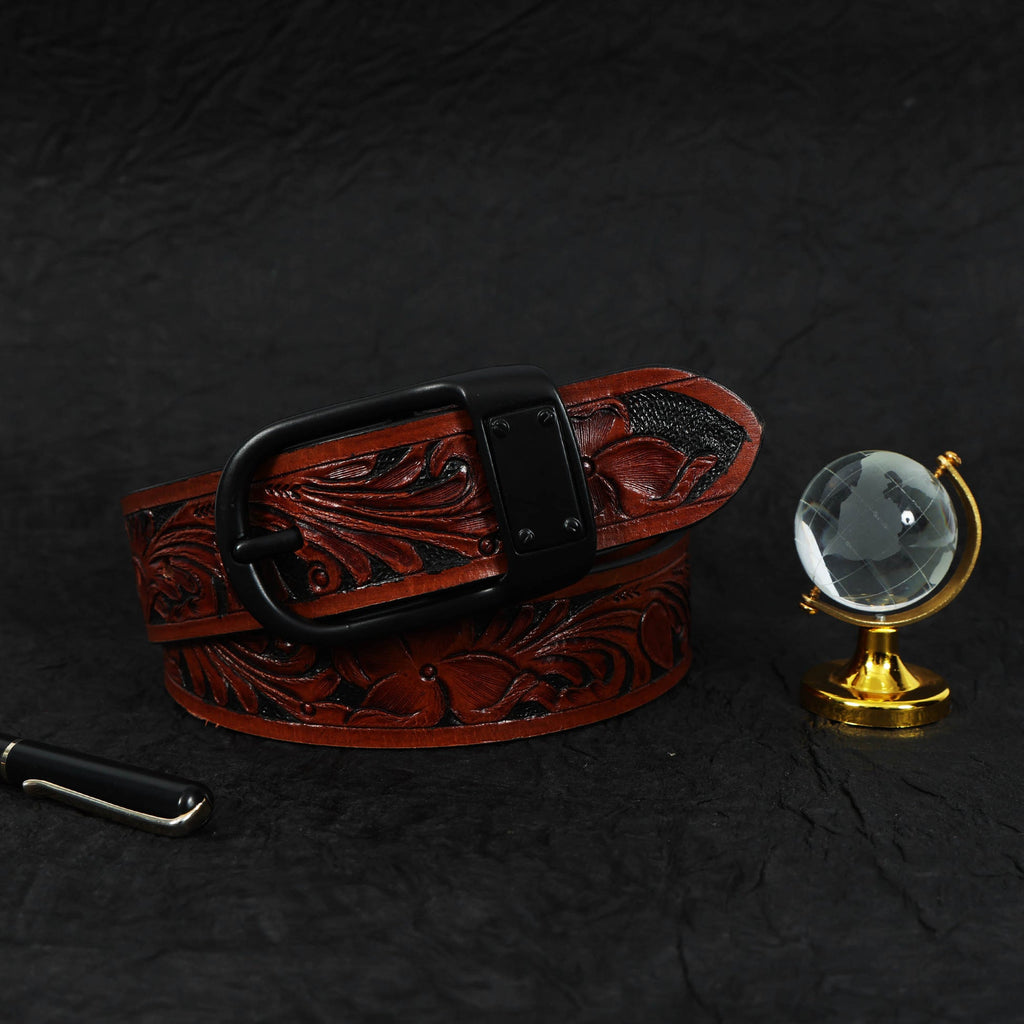 Unisex Genuine Leather Brown Floral Tooled Western Waistbelt Matte Black Buckle