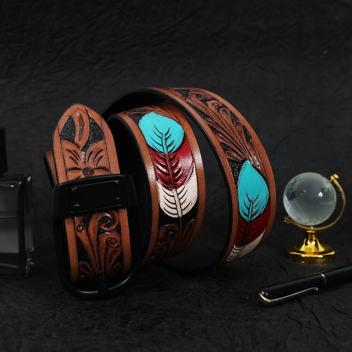 Unisex Genuine Leather Embossed Brown Feather Western Casual Waistbelt Matte Black Buckle