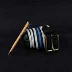 Unisex Genuine Leather Floral Embossed Canvas Blue White Waist Accessory Brass Buckle